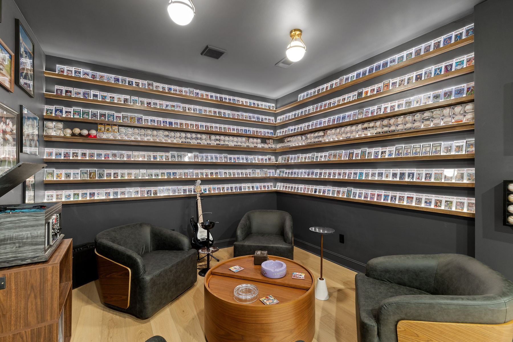 3236 Sweet Leaf baseball card collection room with LED shelves