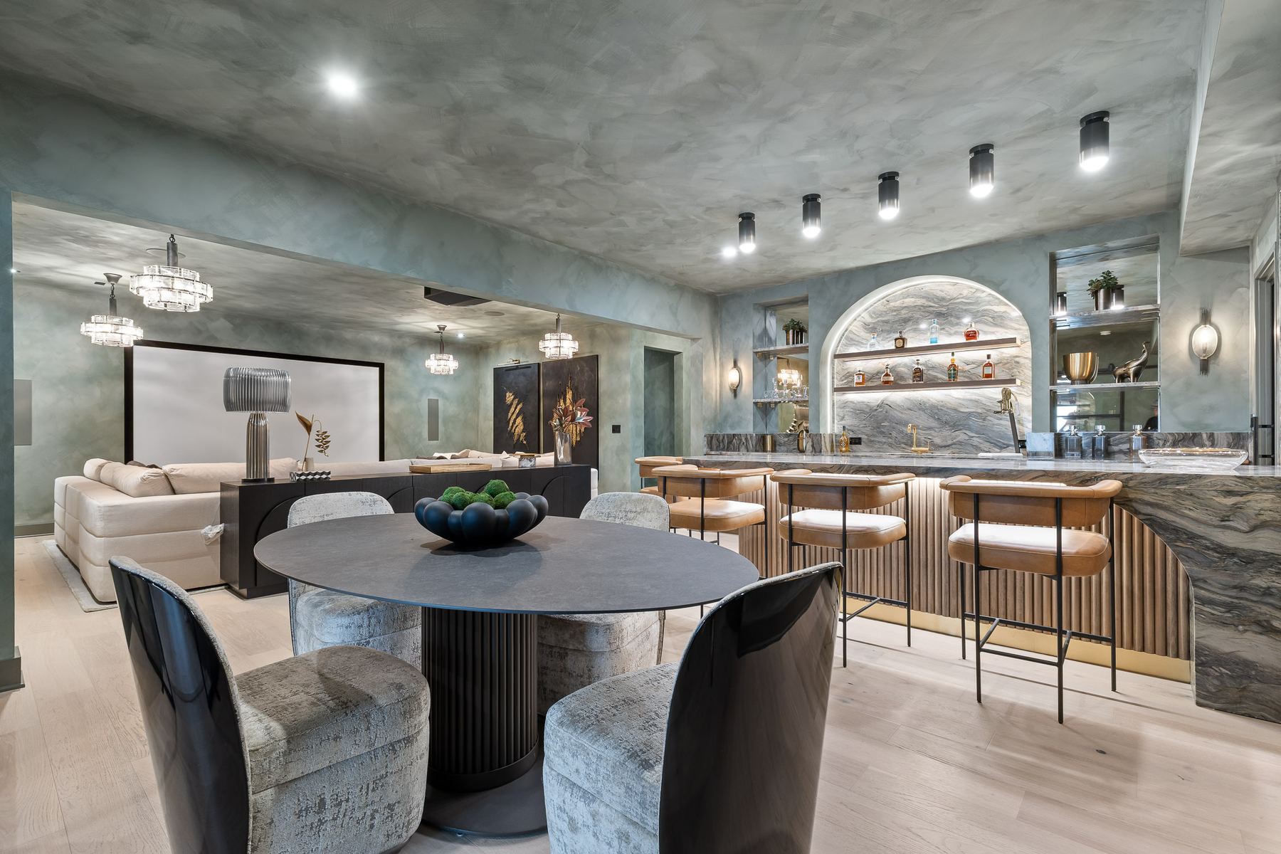 4905 Northway arched quartzite bar niche with chandelier