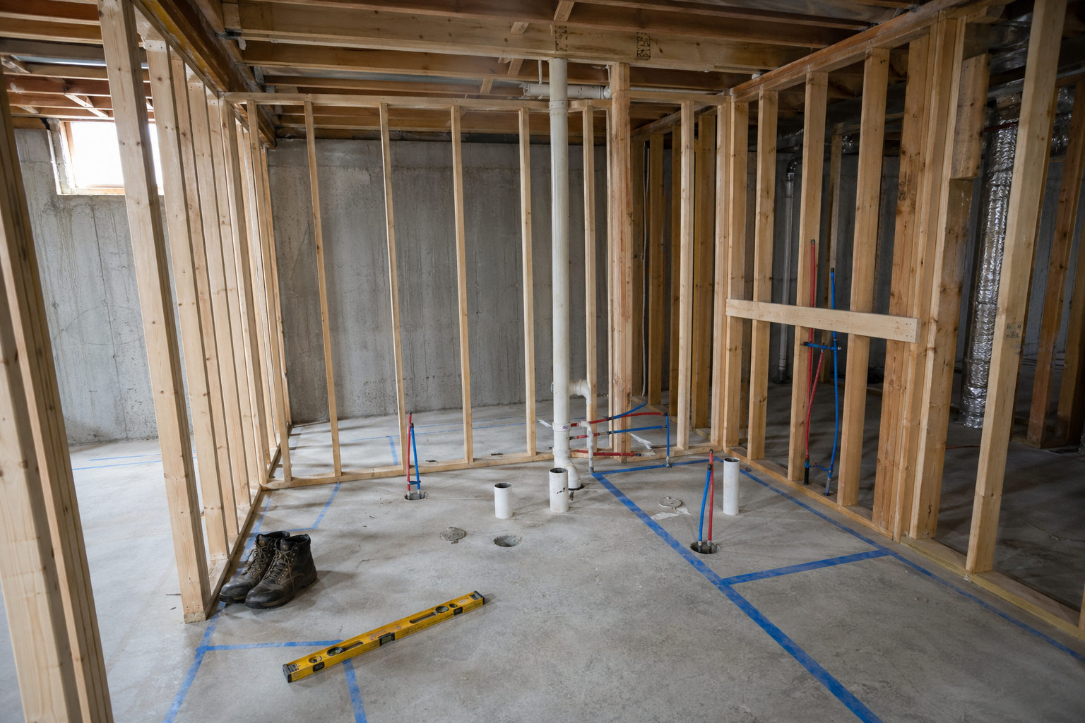 Basement bathroom Atlanta rough-in plumbing and framing in mid-construction