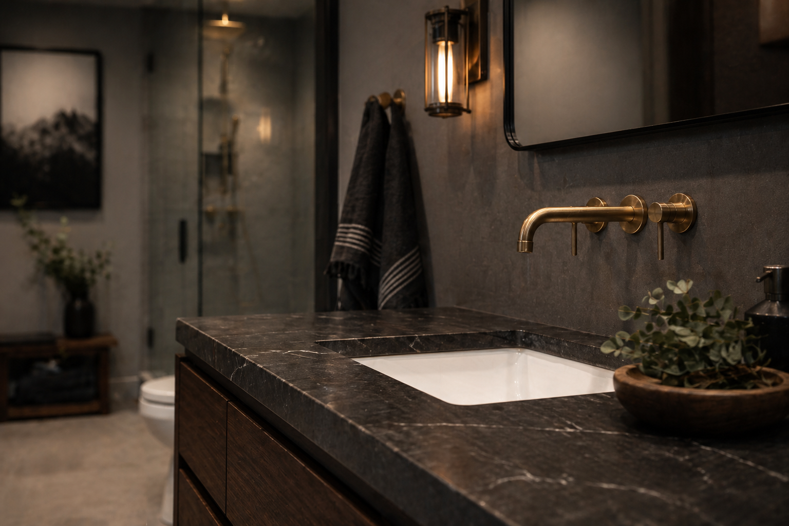 Basement bathroom Atlanta vanity close-up with brass faucet and soapstone counter