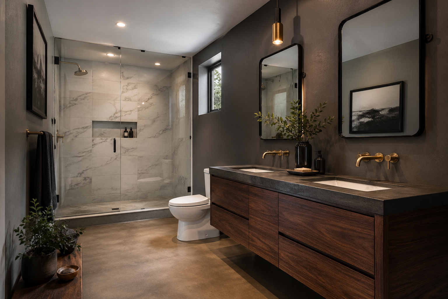 Basement bathroom installation in Atlanta with walk-in shower and double walnut vanity