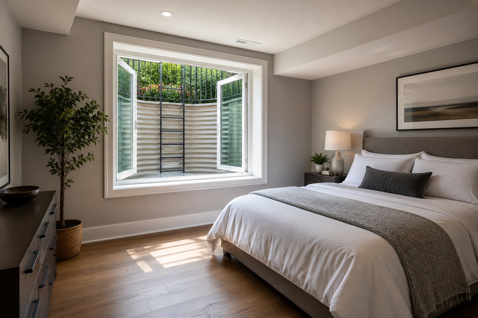 Atlanta basement bedroom with code-compliant egress window letting in natural light