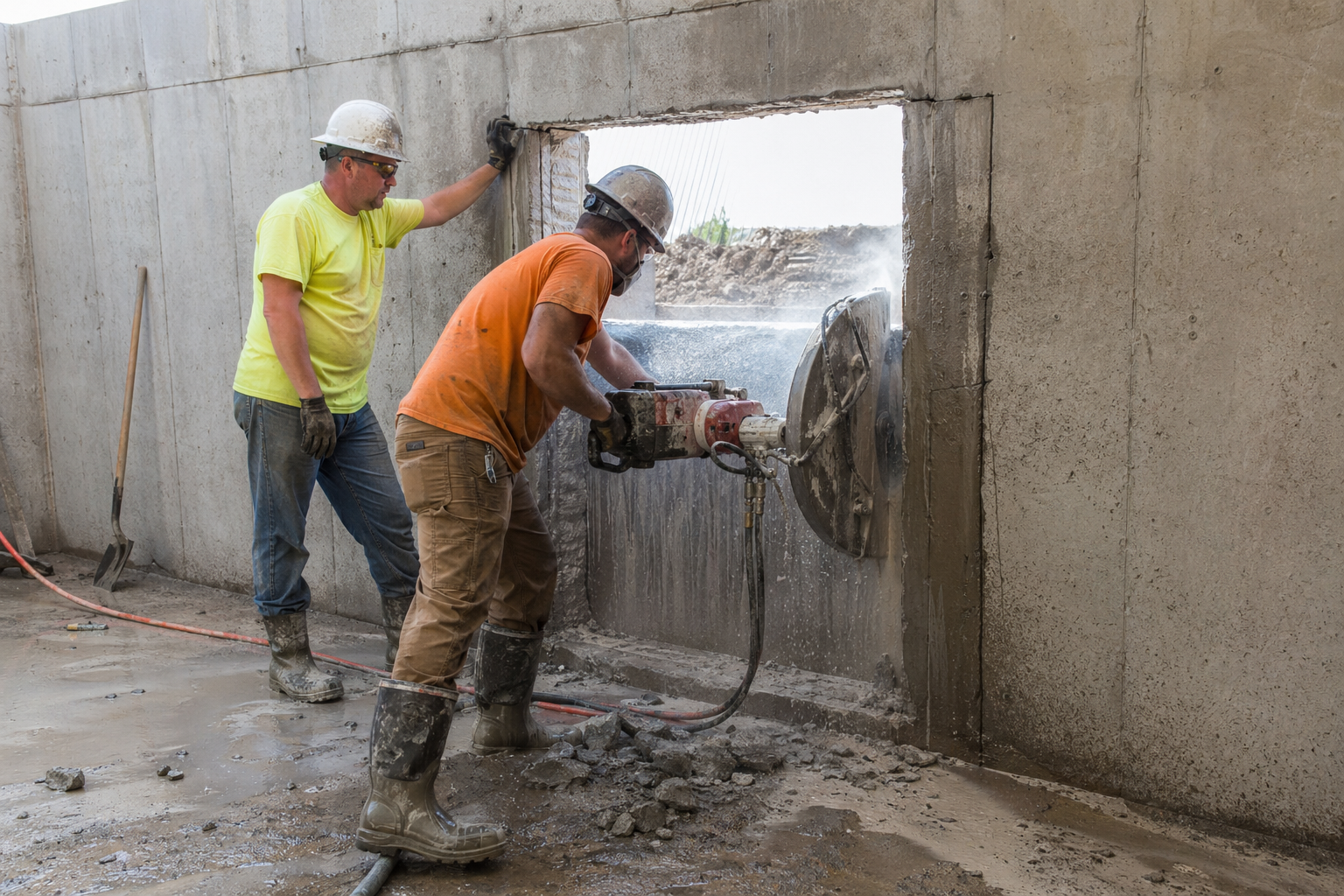 Workers cutting basement foundation with diamond saw for egress window installation in Atlanta