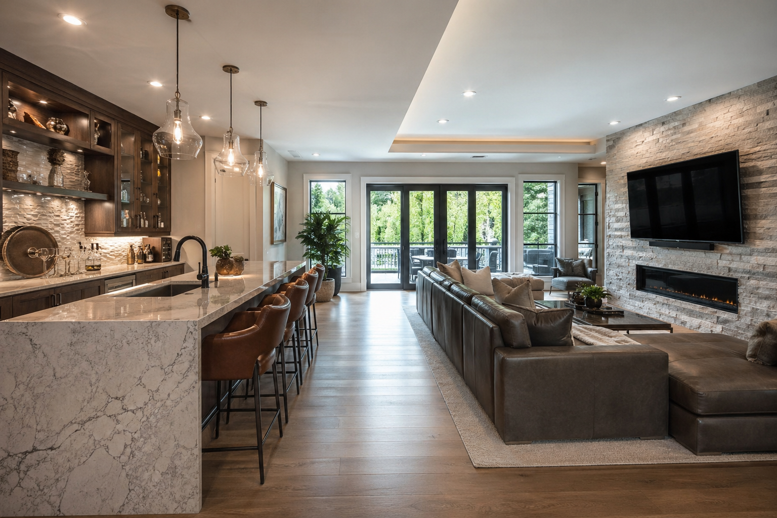 Atlanta walkout basement remodel with open-plan kitchen, bar, and living area