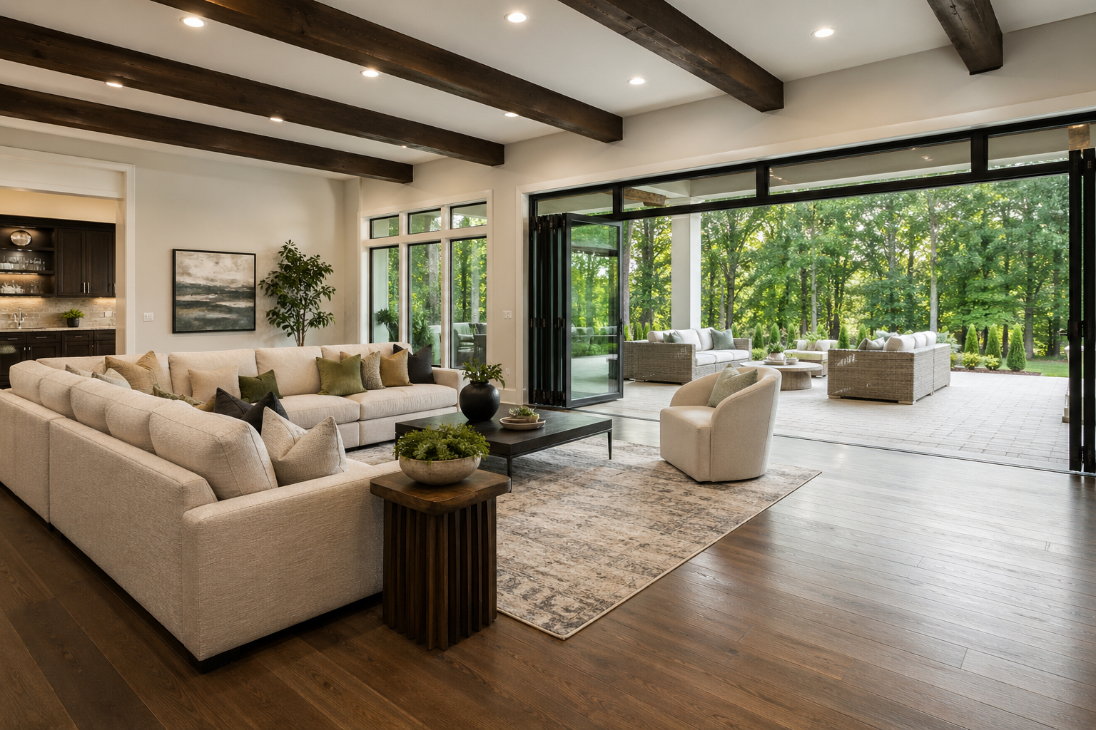 Custom walkout basement remodel in Atlanta with sliding glass doors open to patio