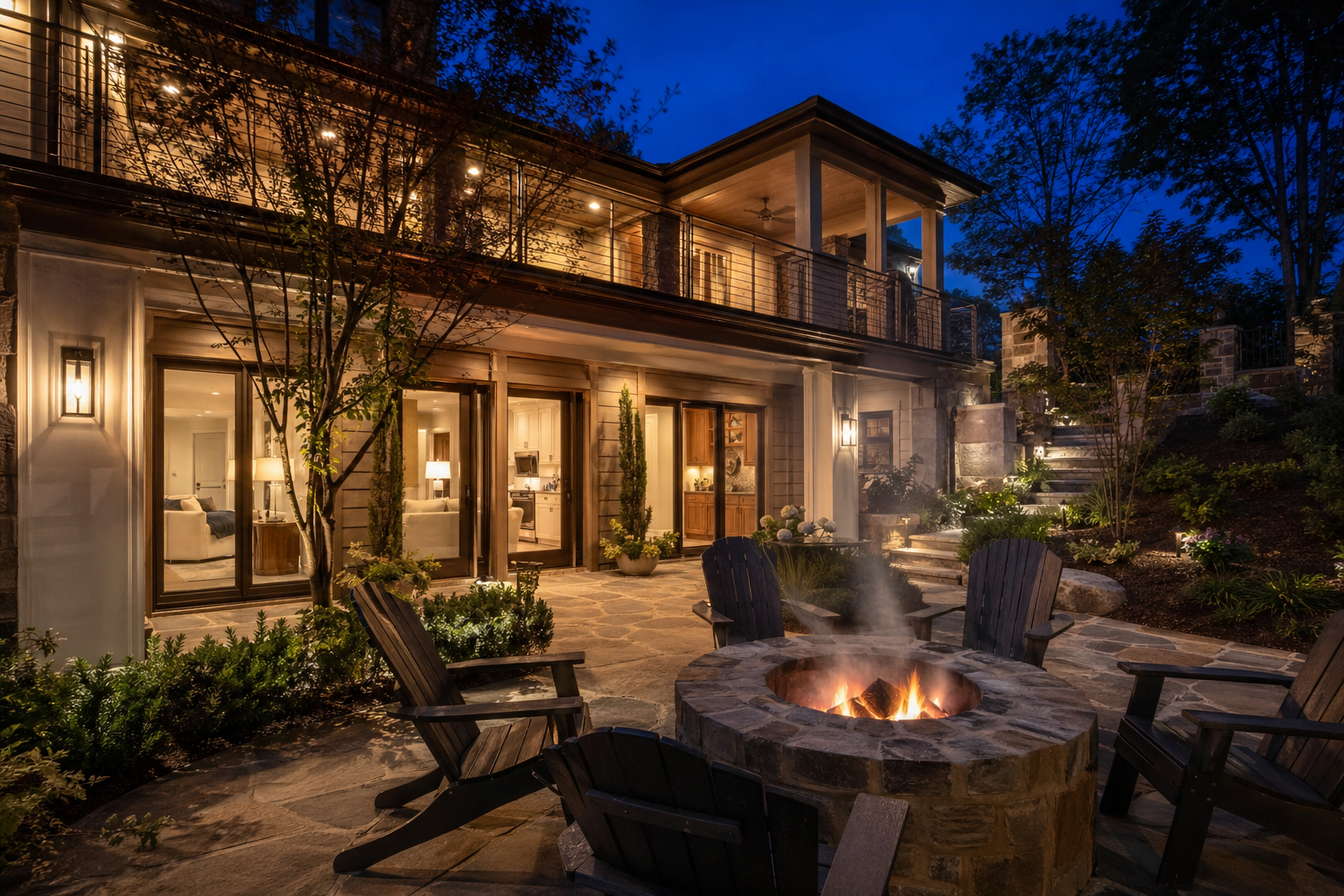 Atlanta walkout basement exterior at twilight with fire pit and patio seating