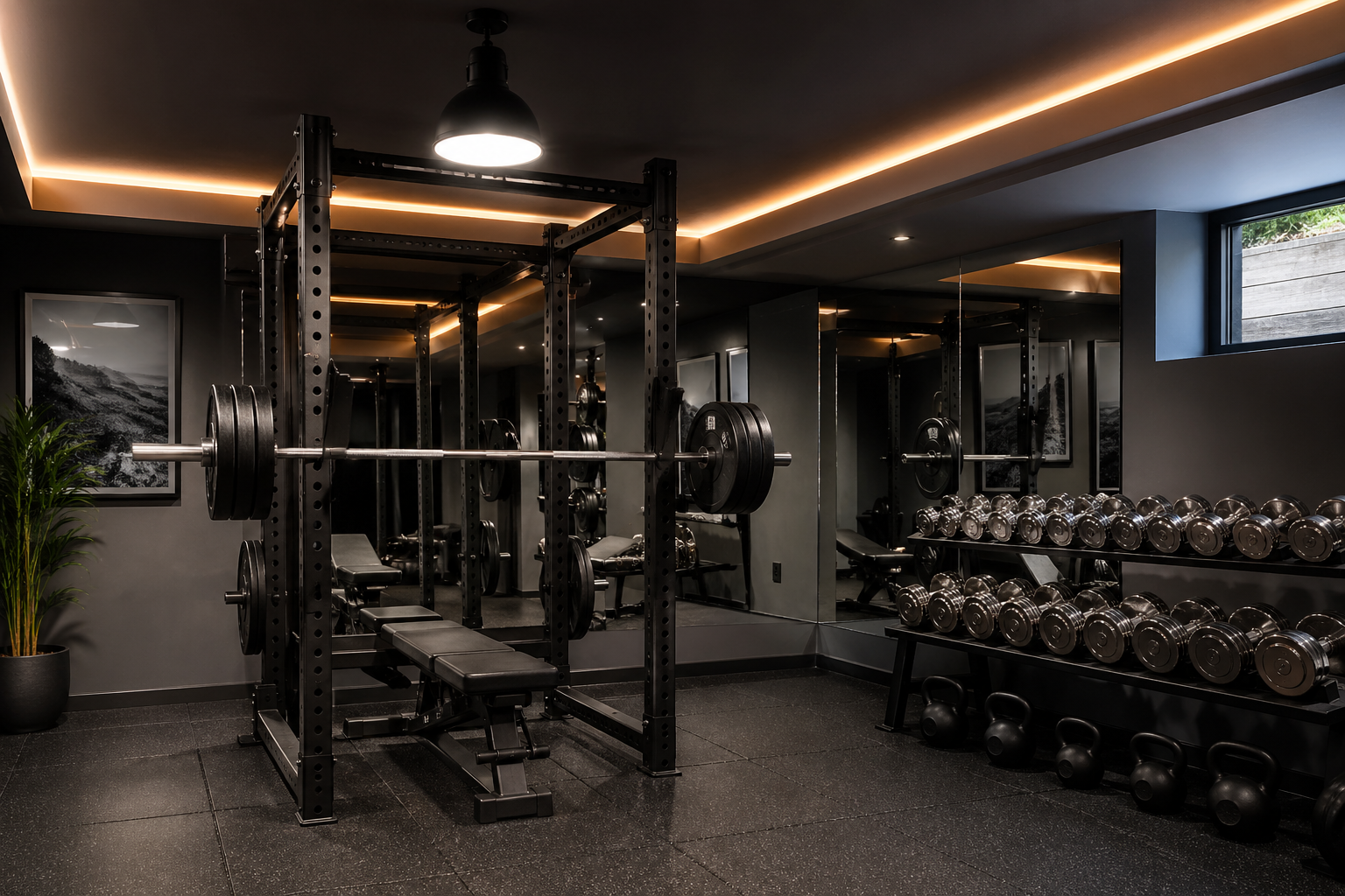 Custom basement home gym in Atlanta with power rack, dumbbells, and rubber flooring