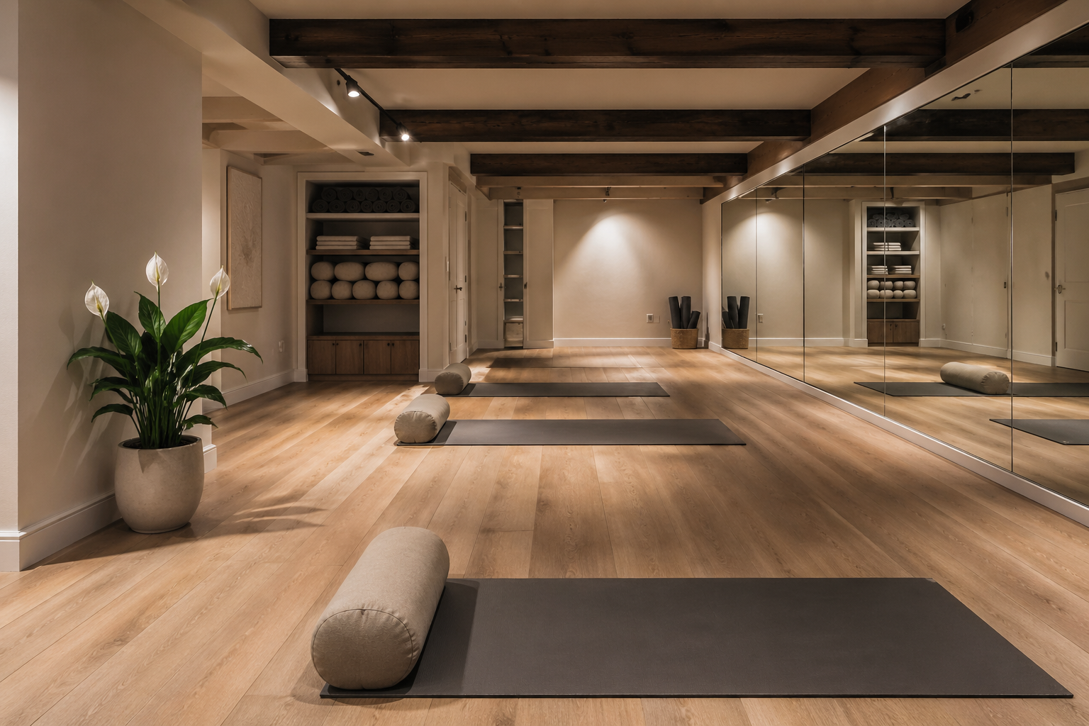 Atlanta basement yoga studio with cushioned floor, mirrored wall, and natural light