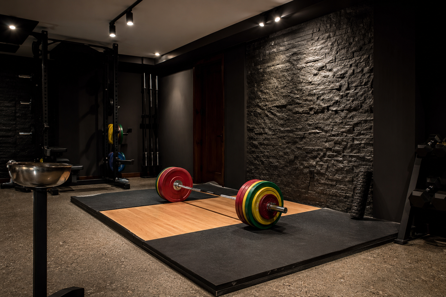 Custom basement gym in Atlanta with Olympic lifting platform and bumper plates