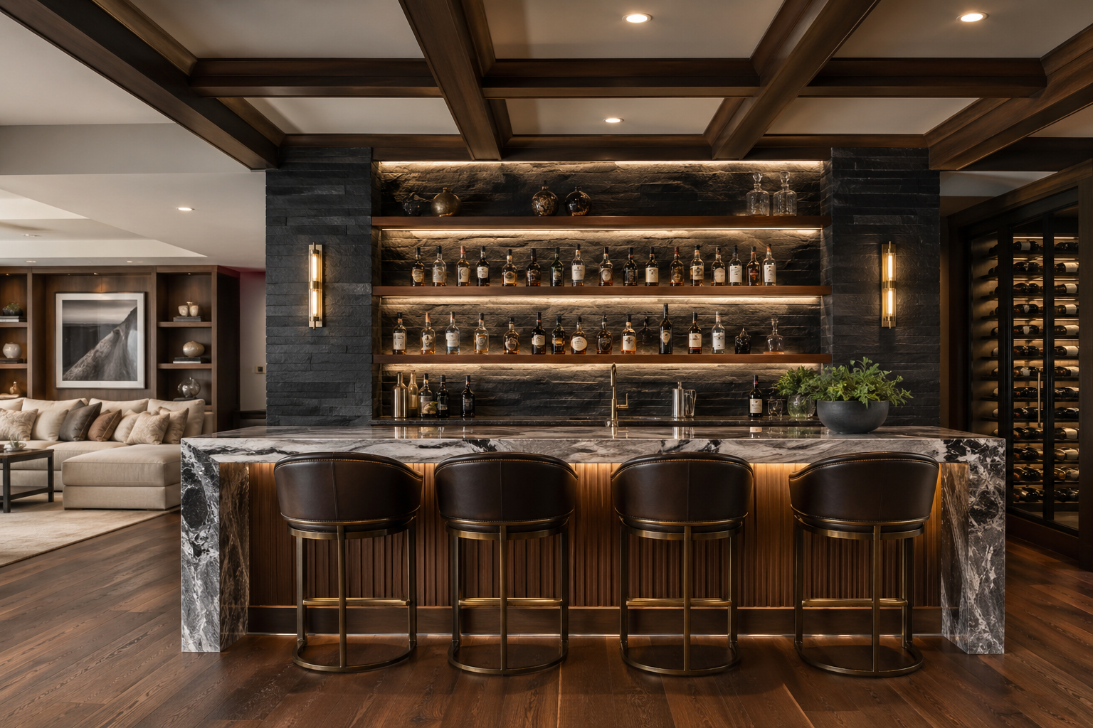 Luxury basement remodeling Milton GA with custom bar, walnut shelving, and marble counter