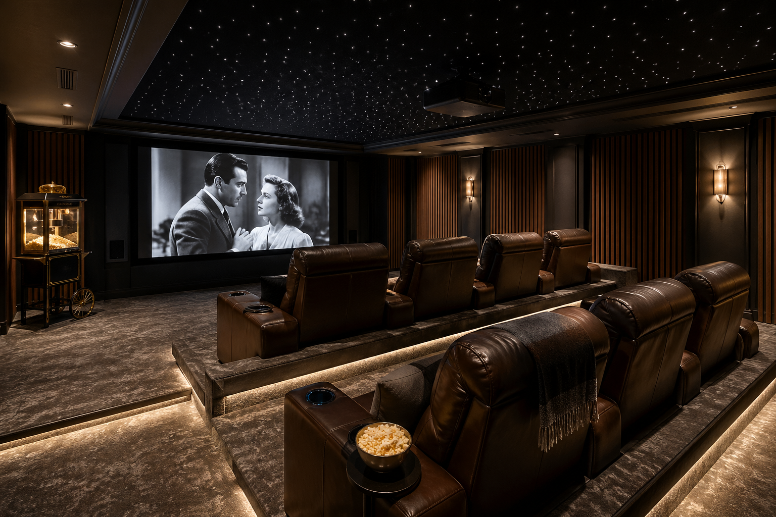 Custom basement home theater in Atlanta with tiered leather recliner seating and projection screen