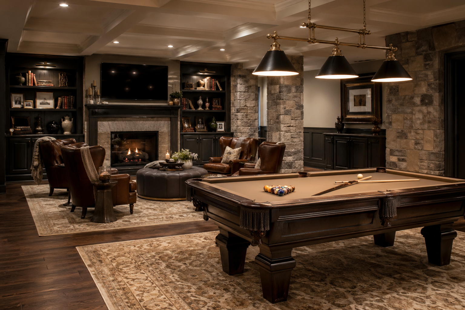 Custom basement game room in Atlanta with regulation pool table, leather chairs, and stone fireplace
