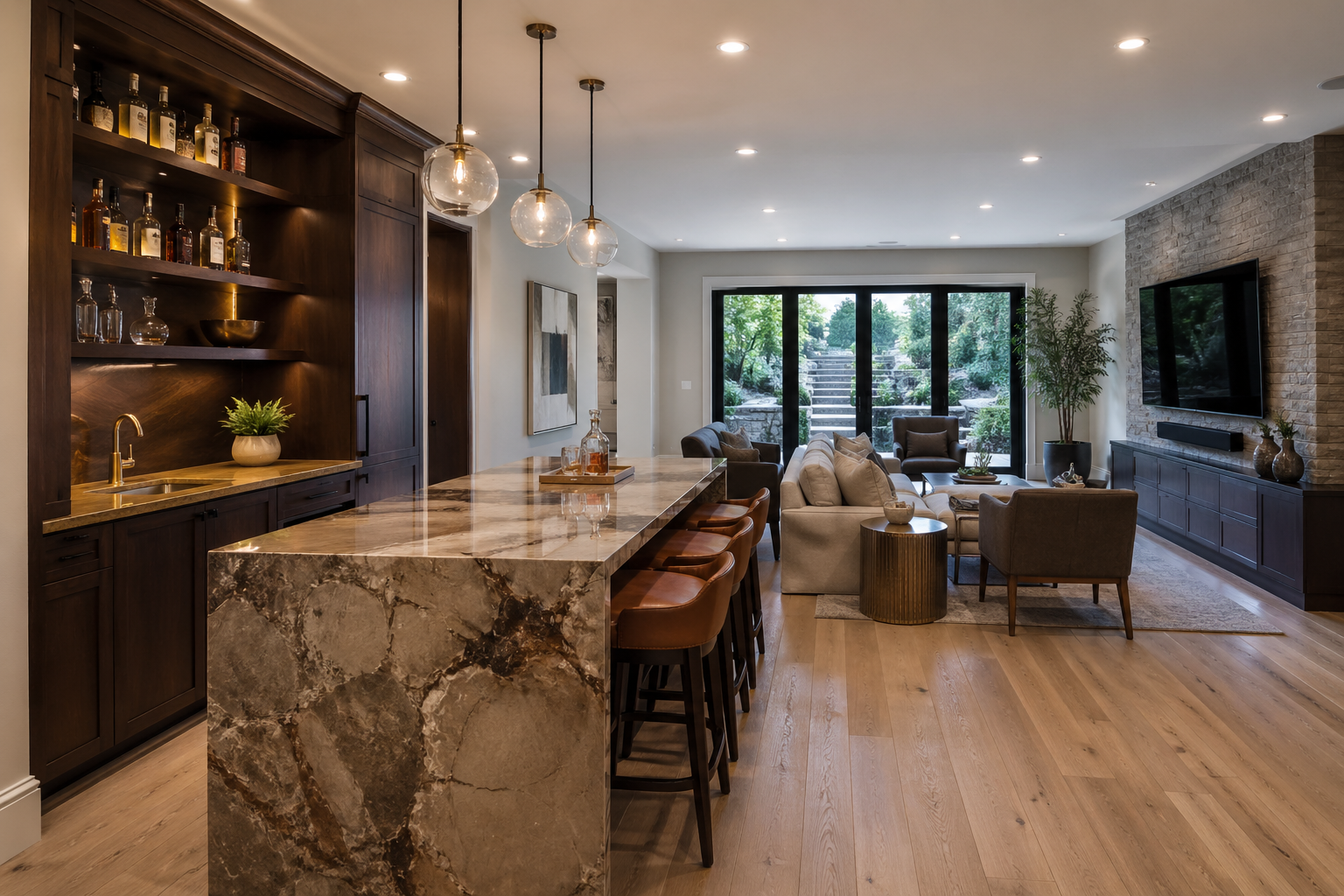 Atlanta luxury basement bar and lounge with marble waterfall counter and walnut cabinets