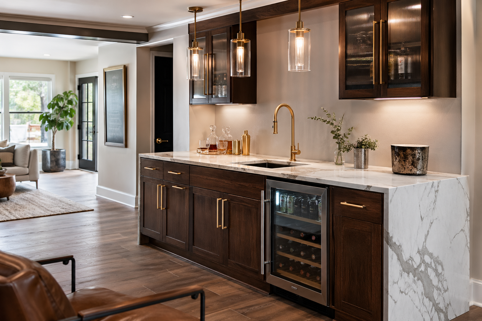 Modern basement kitchenette in Atlanta with walnut cabinets, marble waterfall counter, and beverage fridge