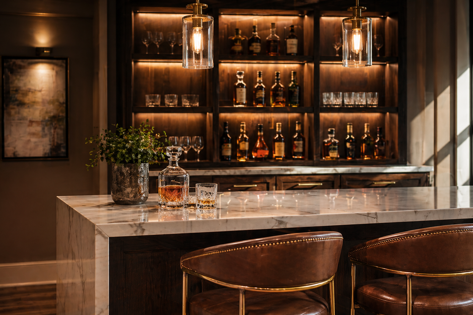 Atlanta basement wet bar with backlit whiskey display, marble counter, and leather counter stools