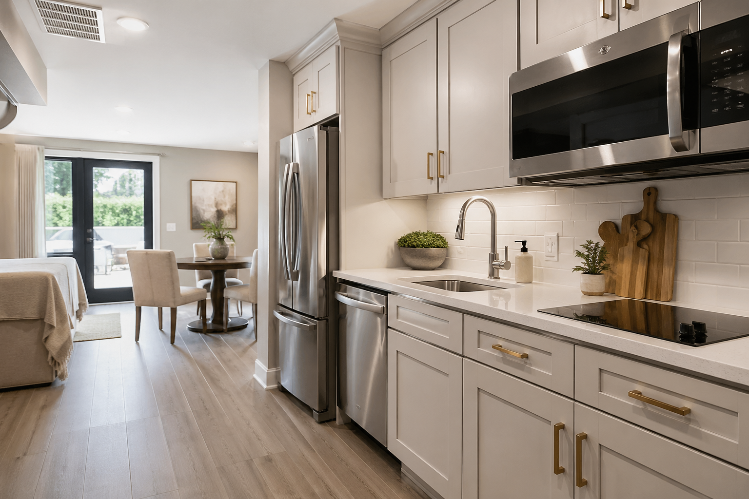 Bright basement in-law suite kitchenette in Atlanta with full-size refrigerator, induction cooktop, and dining area