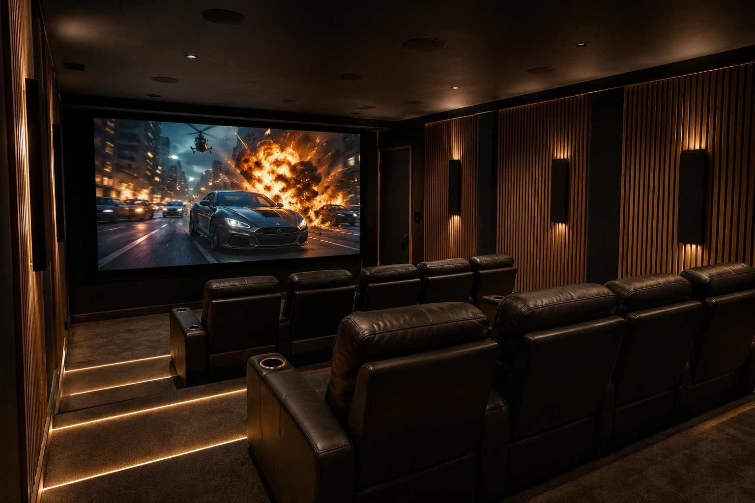 Atlanta basement home theater with 4K projection screen, tiered leather recliners, and acoustic wood-slat walls