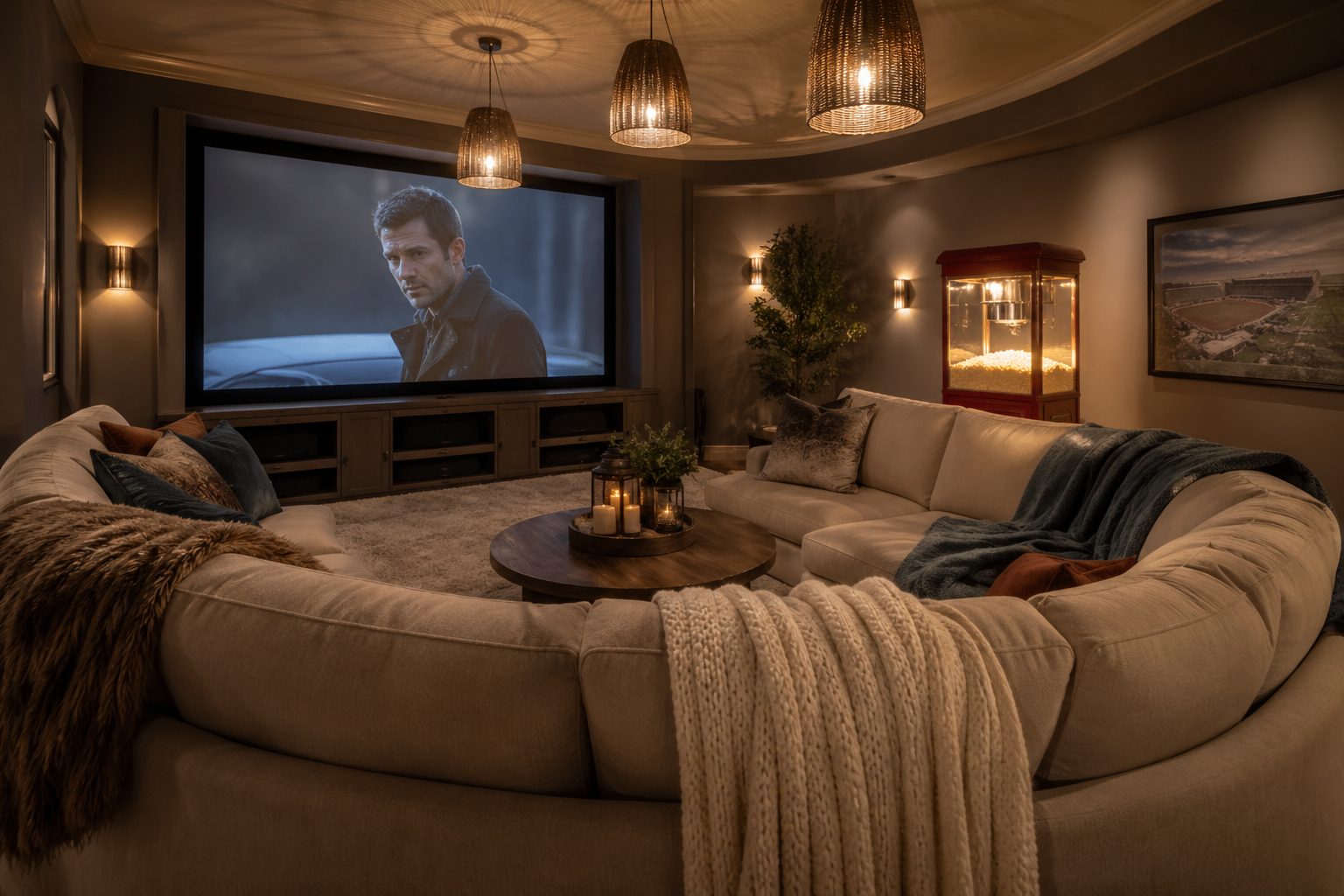 Family-style basement theater in Atlanta with curved sectional sofa, popcorn machine, and pendant lighting