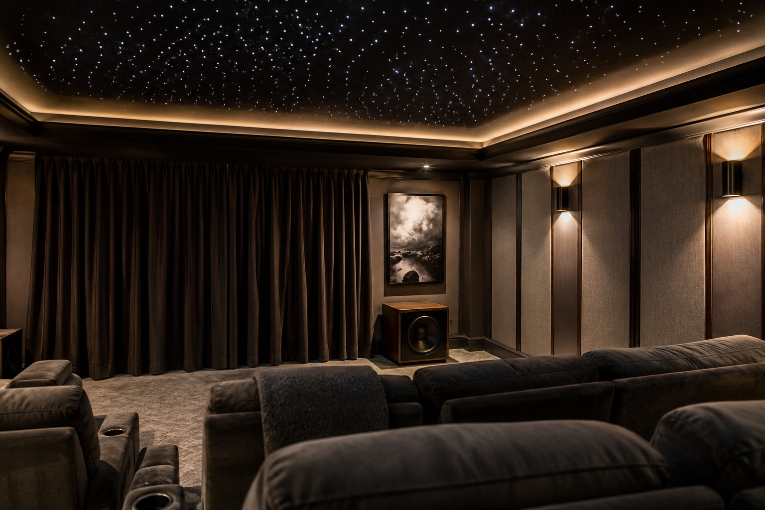 Custom basement theater design detail in Atlanta with fiber-optic star ceiling, blackout curtains, and acoustic fabric panels