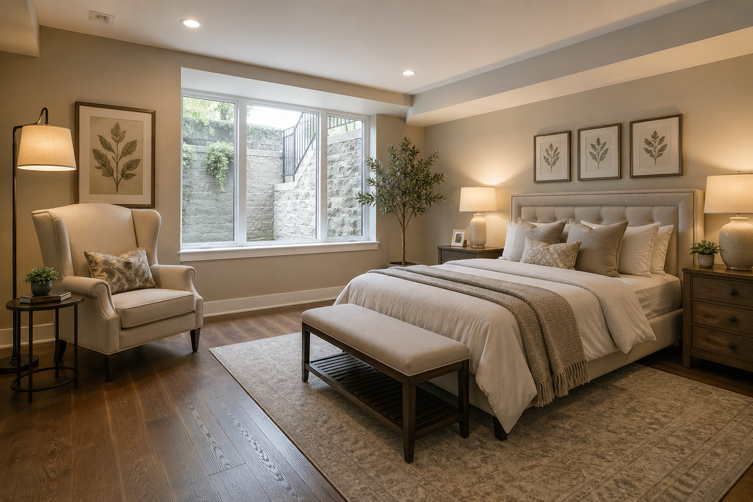 Atlanta basement in-law suite bedroom with code-compliant egress window, reading chair, and calm neutral decor