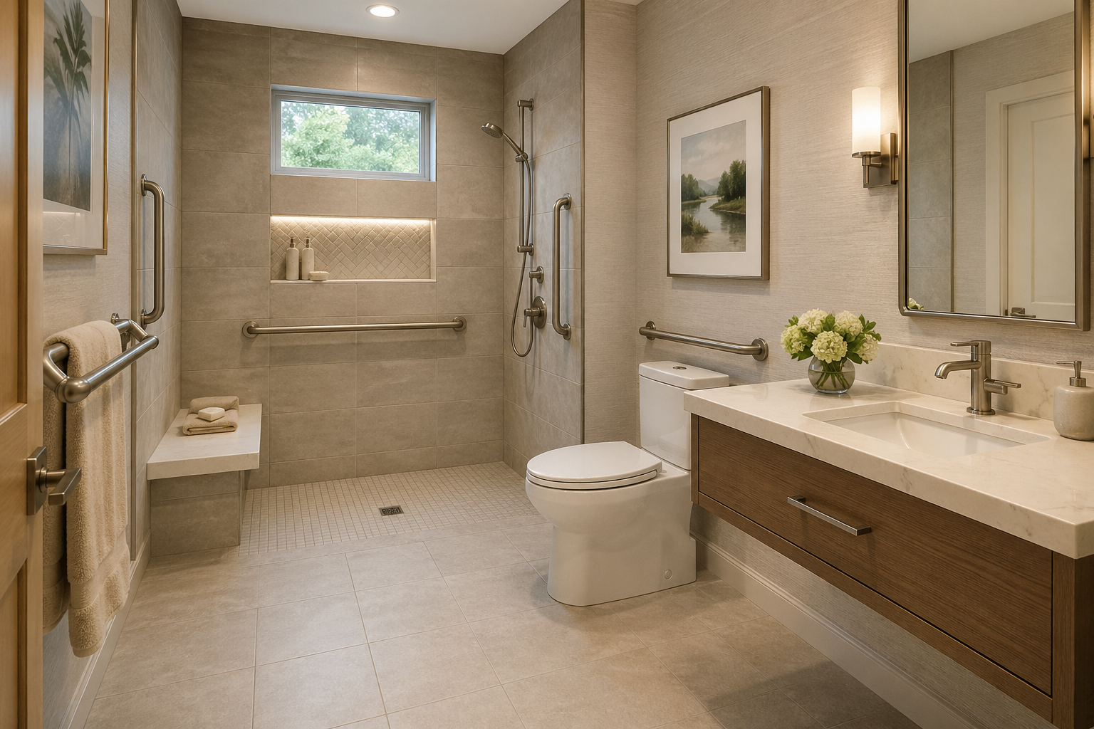 Porcelain tile flooring detail in an Atlanta basement bathroom with brushed-nickel fixtures