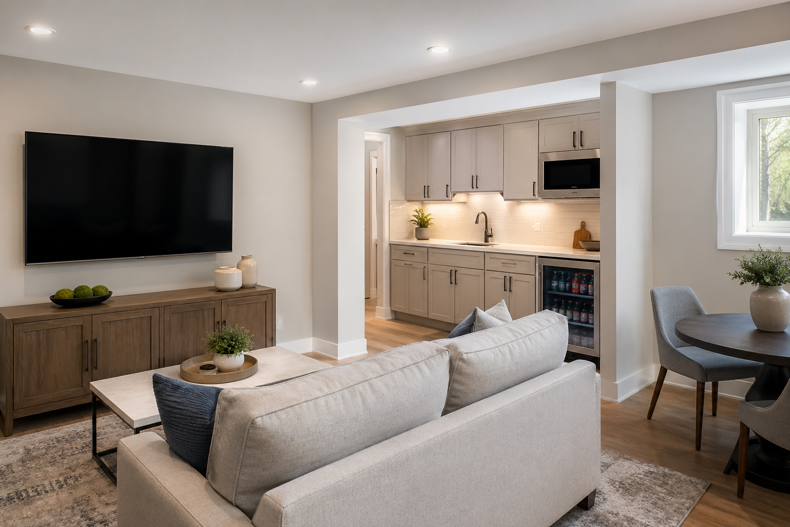 Atlanta basement in-law suite sitting area with kitchenette, dining nook, and wall-mounted TV