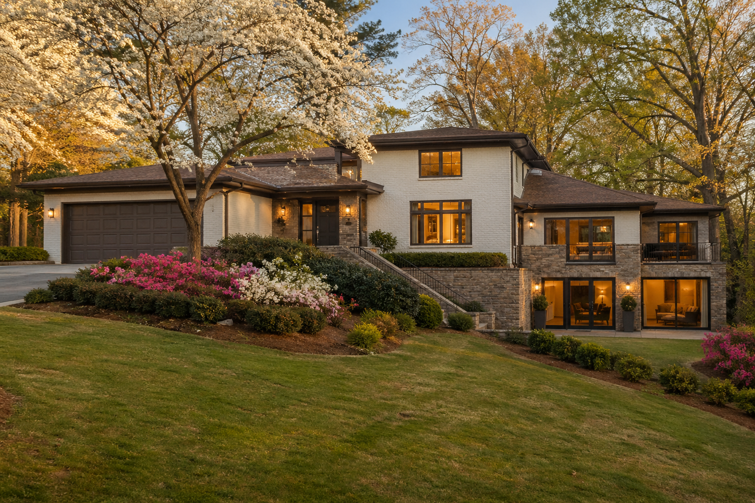 Brookhaven Georgia home exterior with finished walkout basement, stone facade, and golden-hour landscaping