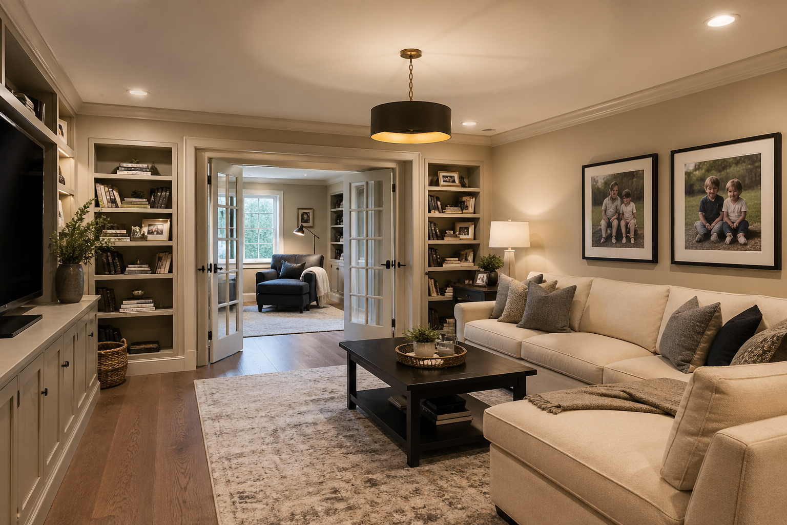 Atlanta Brookhaven basement family lounge with French doors, built-in shelving, sectional, and pendant lighting