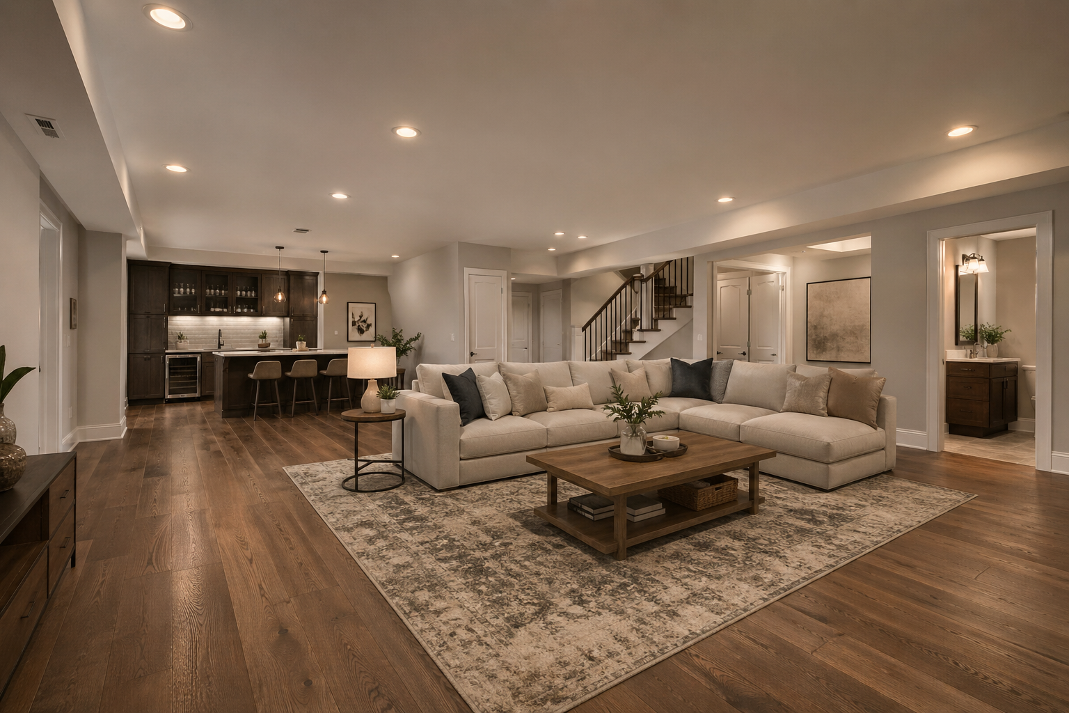 Atlanta mid-range finished basement showing scale with sectional, kitchenette, bathroom, and recessed lighting