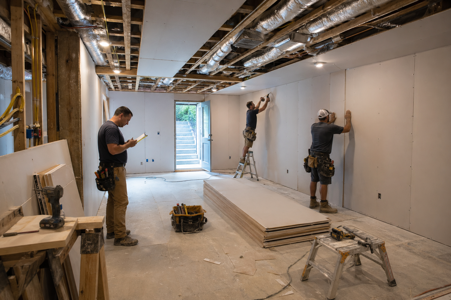 Basement remodeling Atlanta mid-construction with crew installing drywall and HVAC ductwork visible