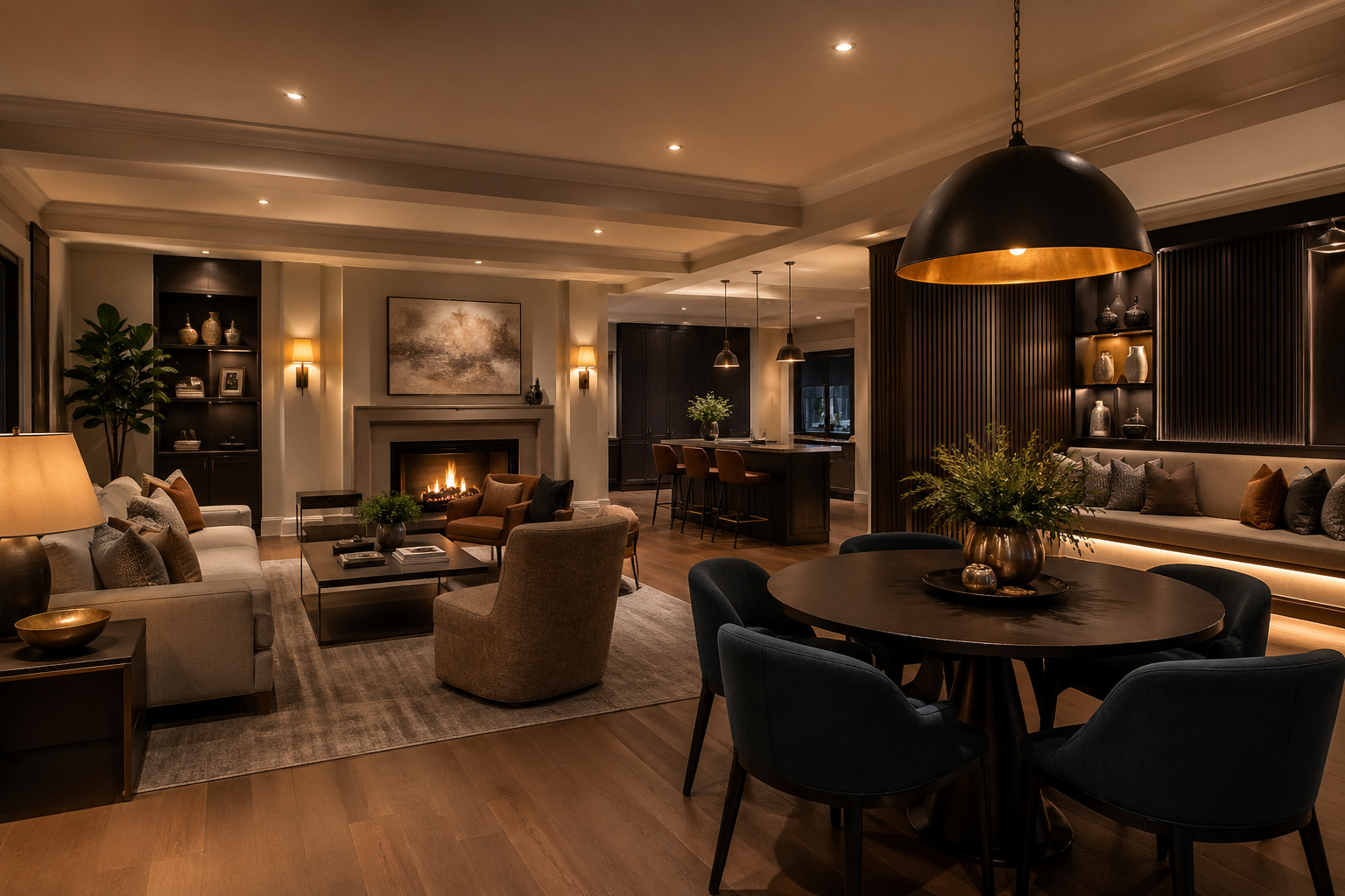 Atlanta basement design ideas showing layered lighting with pendant, sconces, fireplace glow, and accent strips at evening