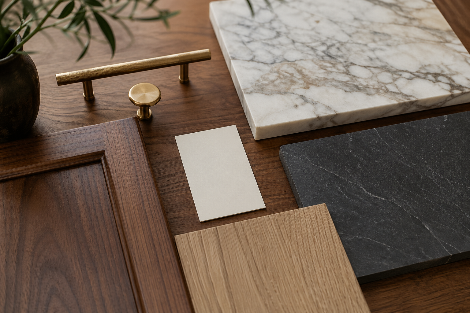Atlanta basement design ideas material palette flatlay with walnut, marble, brass hardware, soapstone, and oak samples