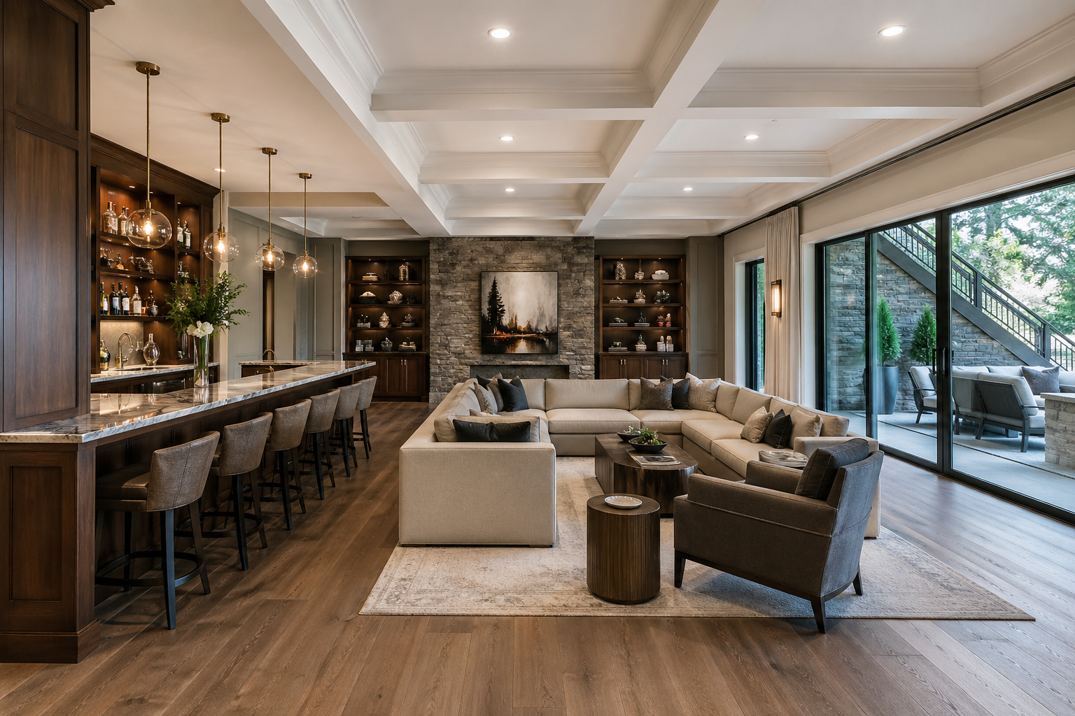 Stunning Atlanta basement design ideas hero with custom bar, sectional lounge, stone fireplace, and walkout glass doors