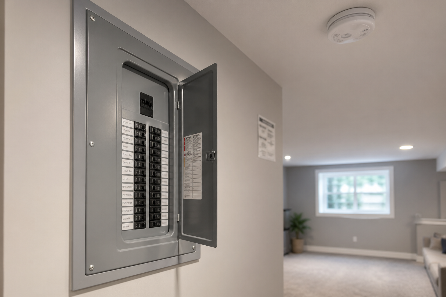 Code-compliant electrical panel with labeled circuits and smoke alarm in finished Atlanta basement
