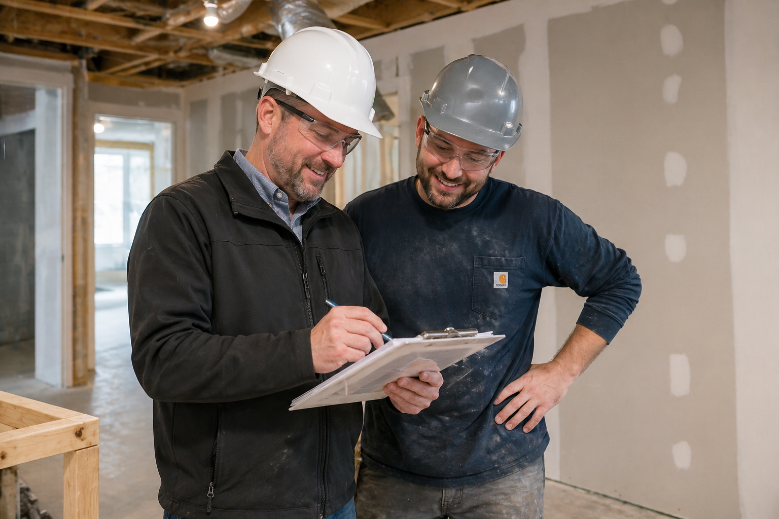 Building inspector and basement contractor reviewing approved plans on clipboard during a basement permit Georgia inspection in Atlanta