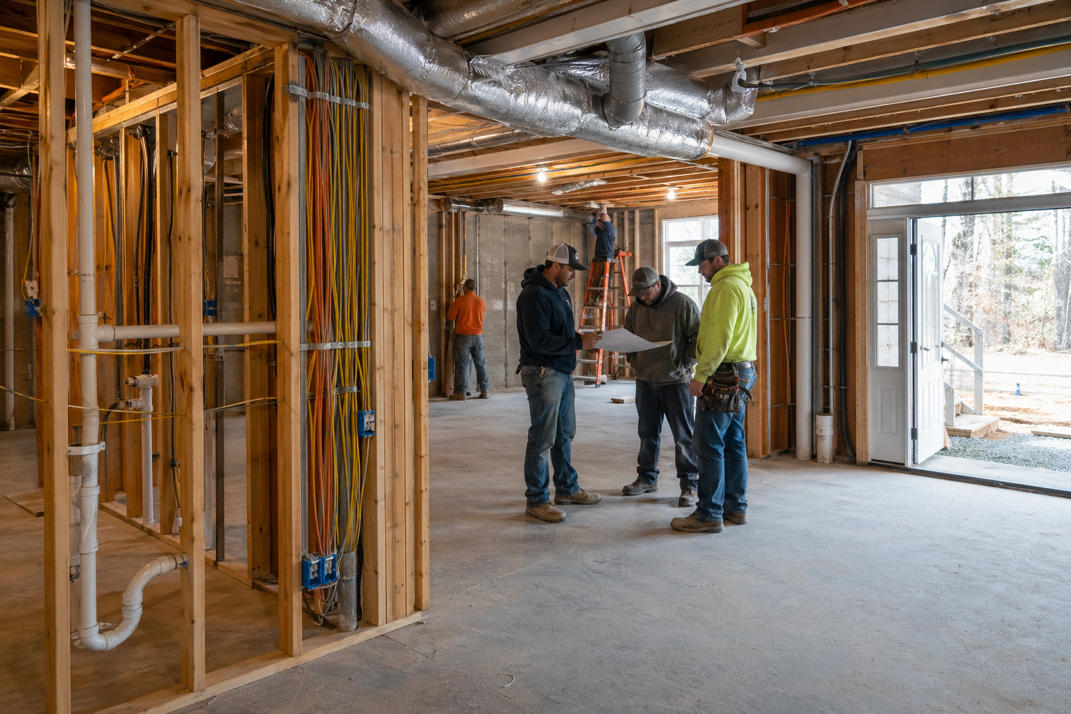 Atlanta basement permit Georgia mid-construction with crew reviewing plans, framing, ductwork, and rough-in trades visible