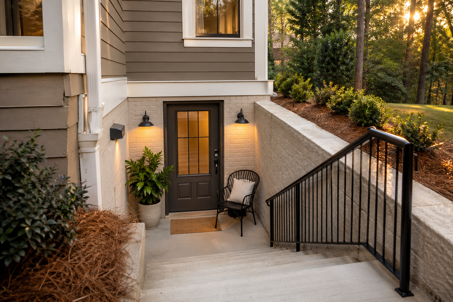 Separate exterior entrance to a basement Airbnb suite in Atlanta with smart-lock door, sconces, and welcoming porch
