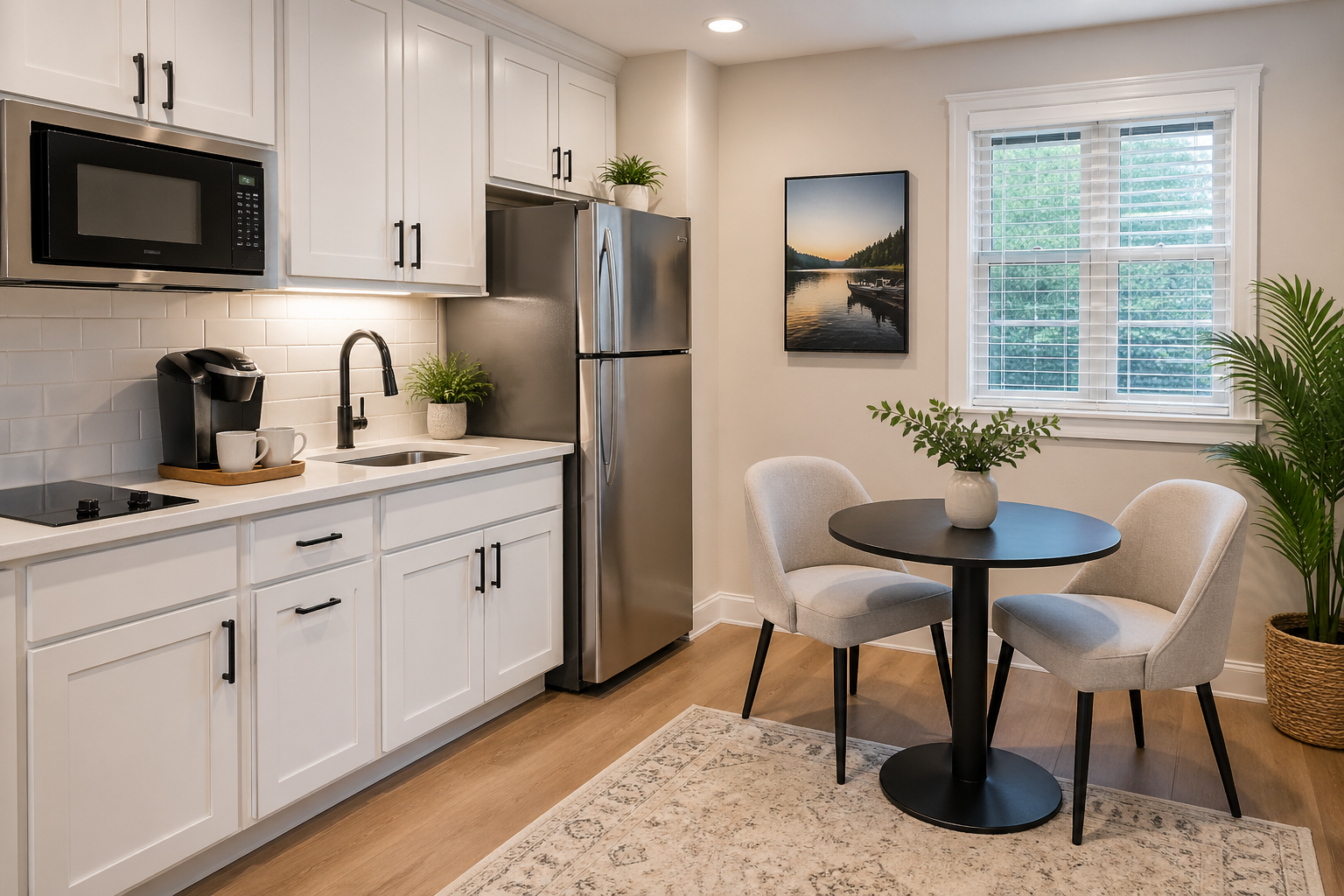 White shaker basement Airbnb kitchenette in Atlanta with full-size refrigerator, microwave, and small dining table