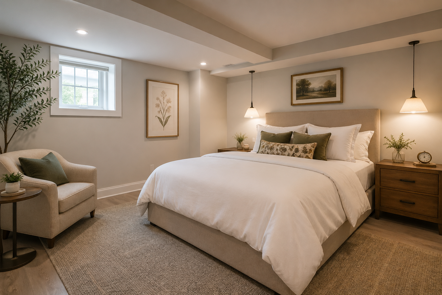 Atlanta basement Airbnb suite with queen bed, sitting chair, neutral decor, and pendant lighting