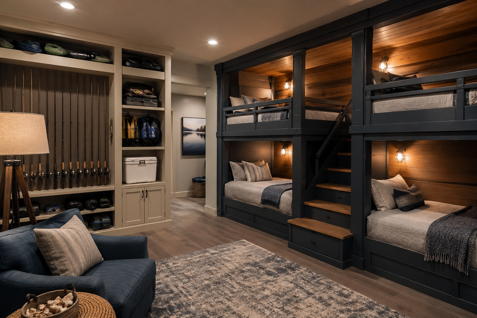 Atlanta basement bunk room with built-in bunks, fishing rod storage, and lake-house decor