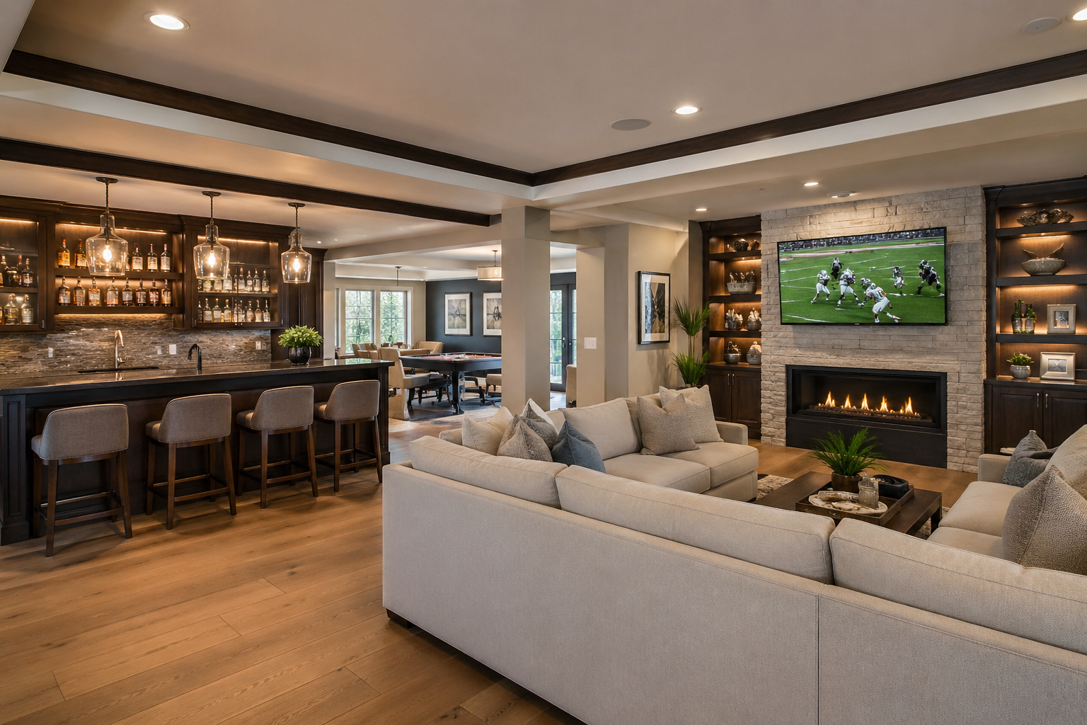 Cumming GA open-plan basement entertainment area with custom bar, sectional, fireplace, and TV