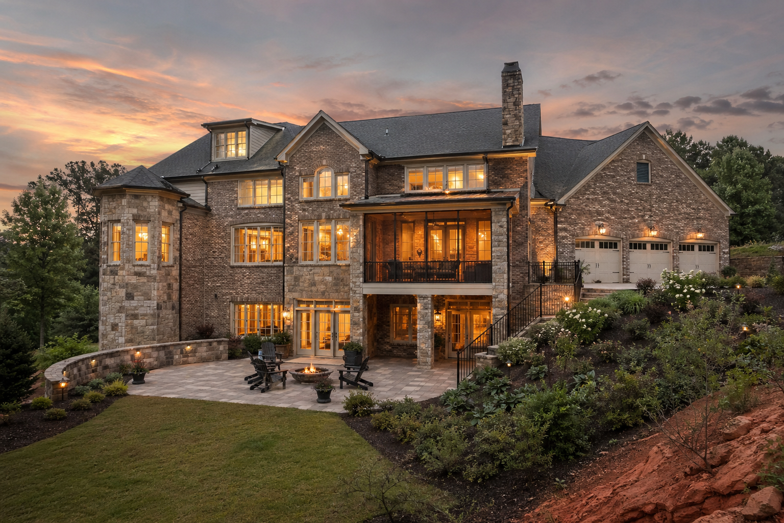 Stone-and-stucco home exterior in Cumming Georgia with finished walkout basement and patio fire pit at twilight