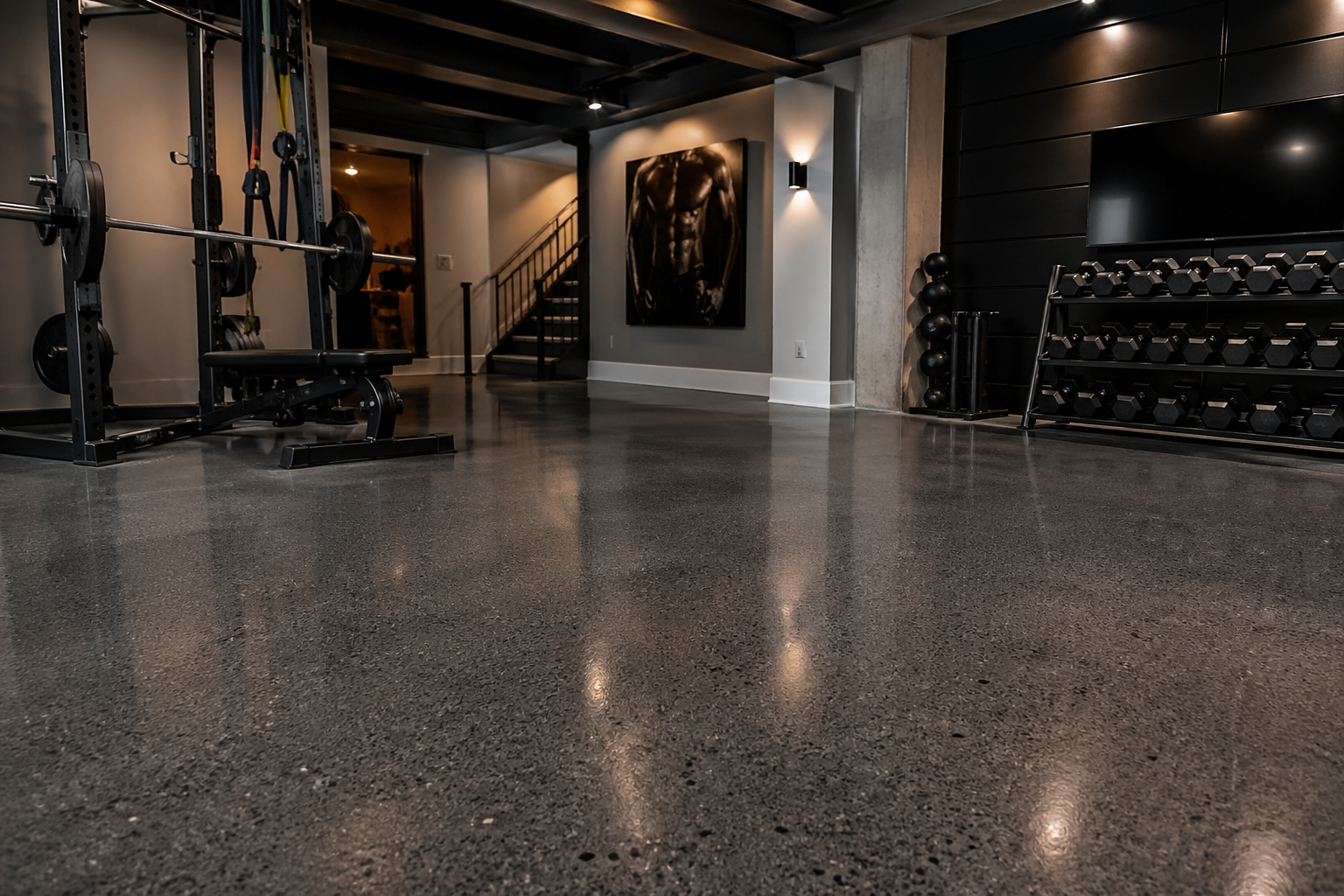 Polished concrete basement floor in Atlanta home gym with power rack and dumbbell rack