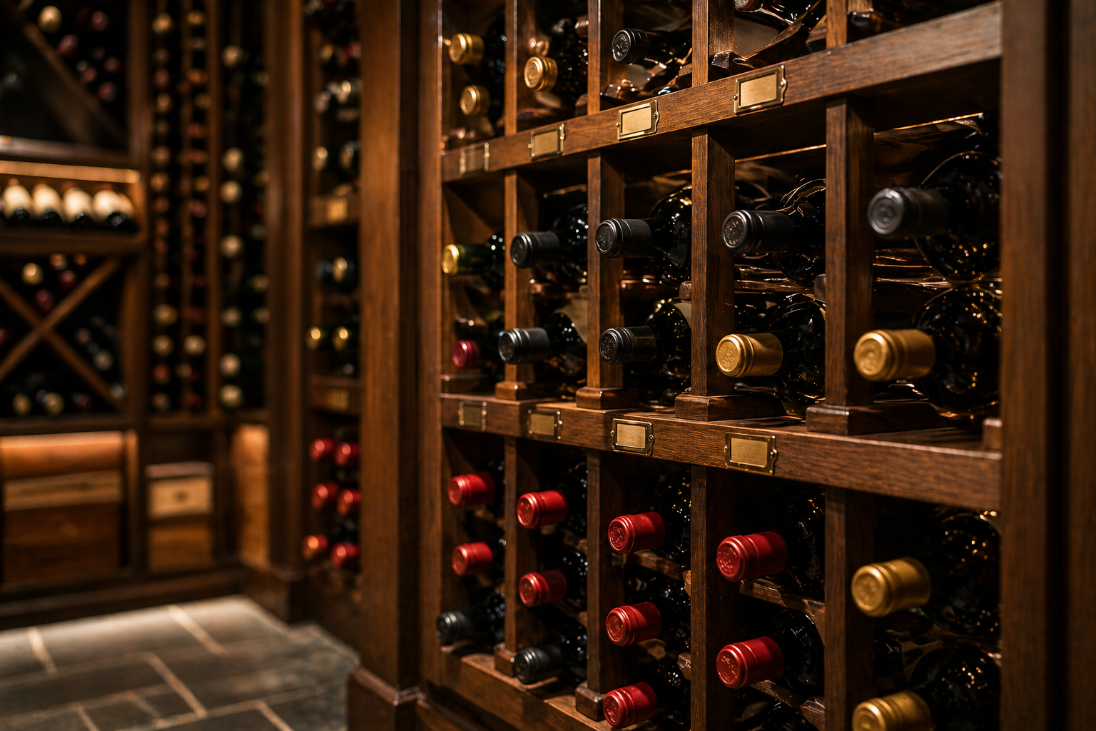 Custom basement wine cellar Atlanta with dark wood racks holding hundreds of bottles in a climate-controlled environment