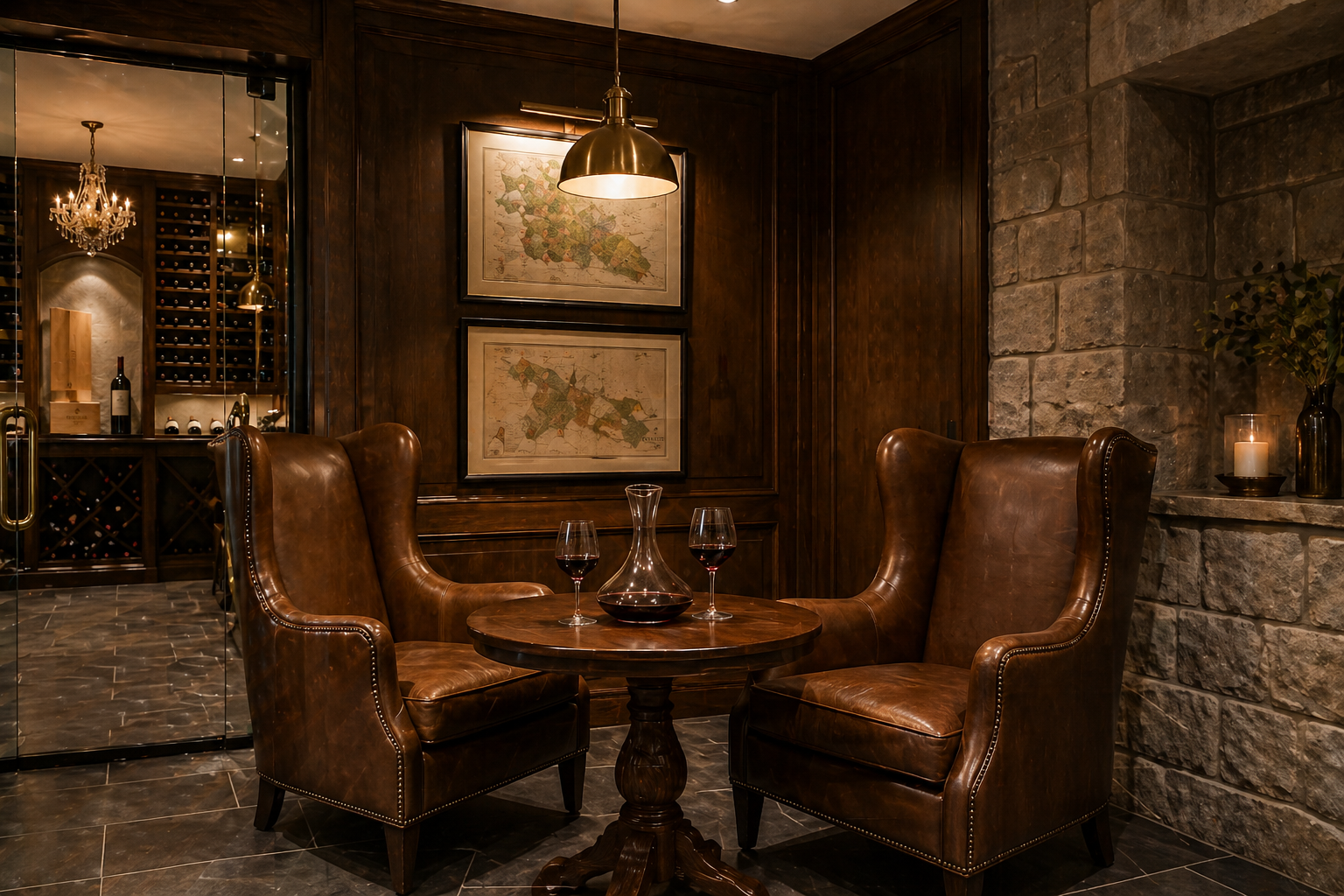 Atlanta basement wine cellar tasting room with leather wingback chairs, decanter, and reclaimed-wood pedestal table