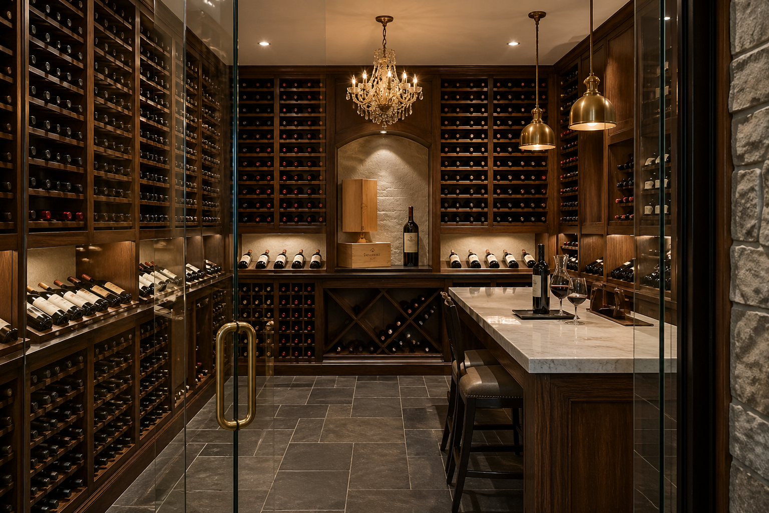 Wide-angle basement wine cellar Atlanta with chandelier, glass door, marble tasting island, and floor-to-ceiling racks