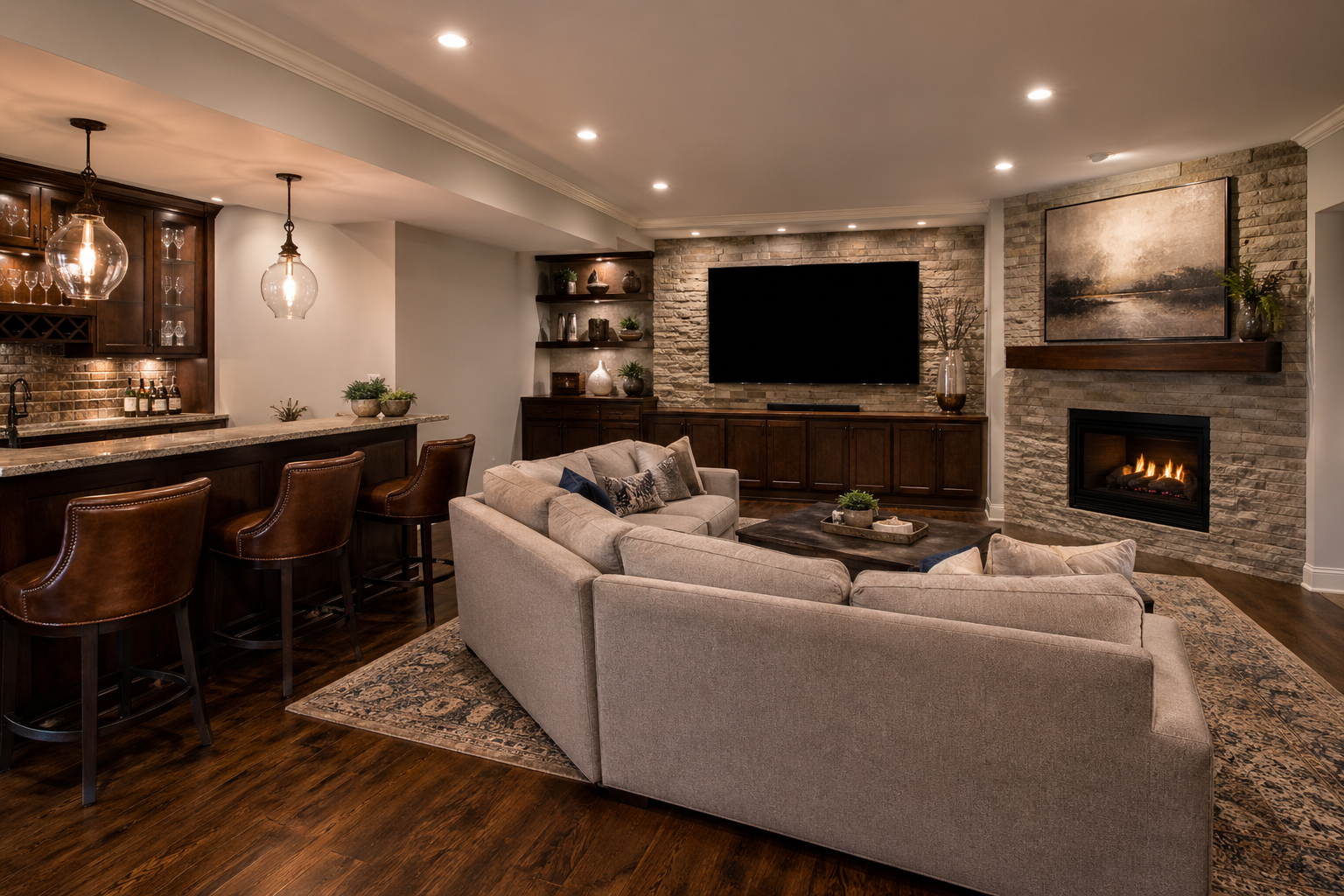 Vinings GA basement entertainment area with stone fireplace, sectional, custom bar, and large flat-screen TV
