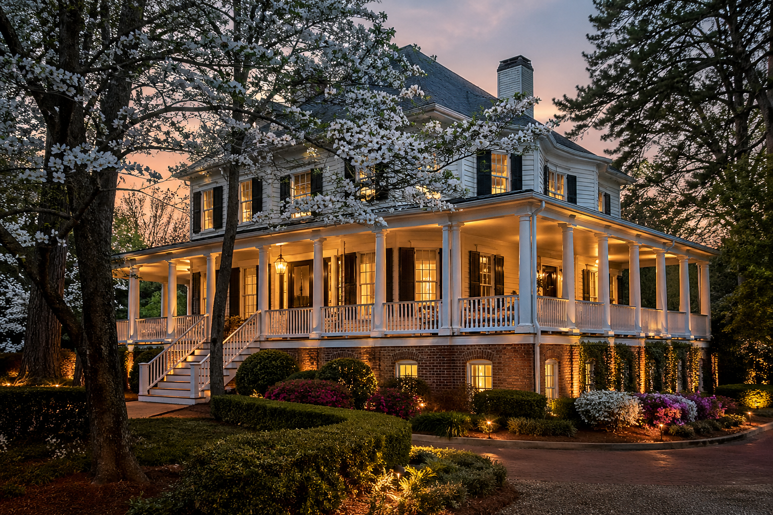 Vinings GA white wraparound-porch home exterior at twilight with mature dogwood landscaping
