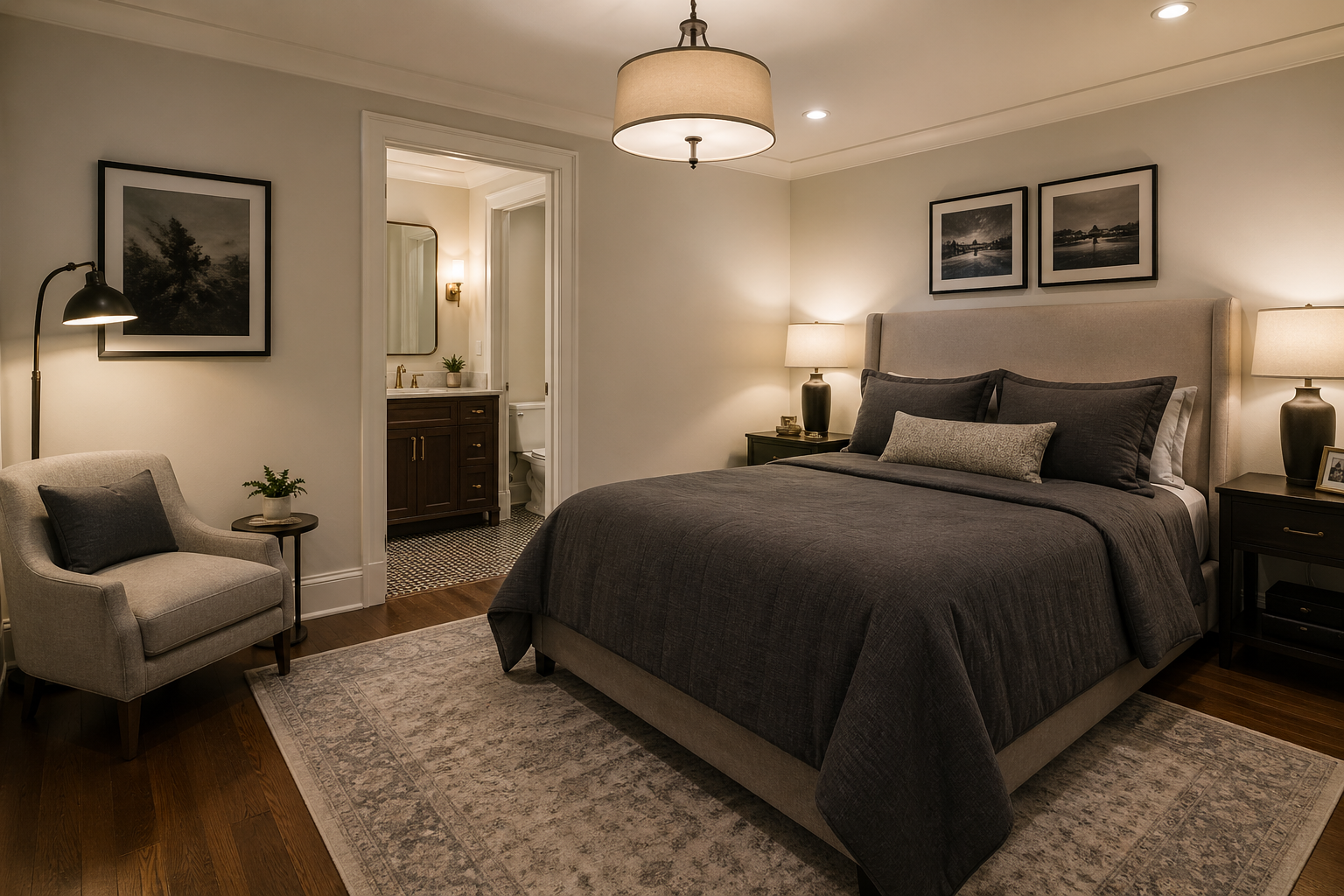 Quiet basement guest bedroom in East Cobb with chair, soft lighting, and ensuite bathroom doorway