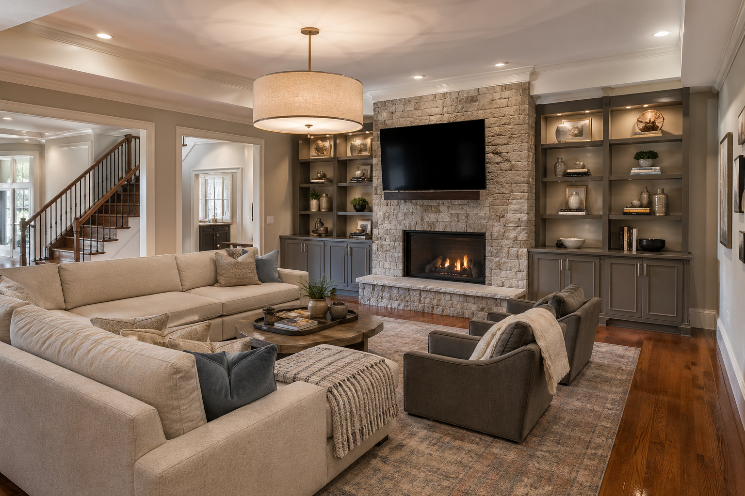 Vinings GA basement living room with stone fireplace, drum-shade pendant, sectional, and built-in shelving